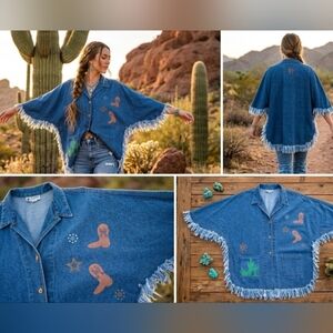 Polo by Ralph Lauren Blue Denim Fringe Button-Up Tunic with Southwestern Motifs